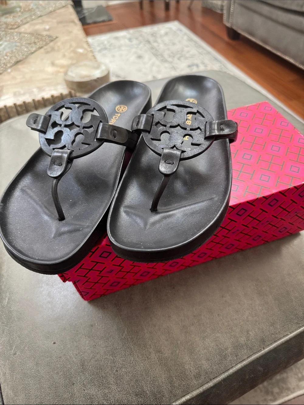Tory Burch Black Patent Miller Thong Sandals